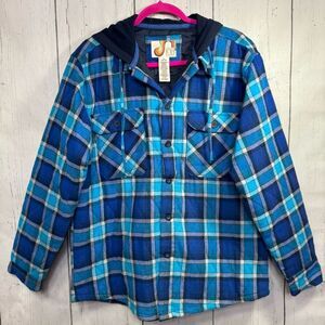 Vintage Op Ocean Pacific Blue Plaid Hooded Flannel Jacket Shirt Y2K Skater Surf